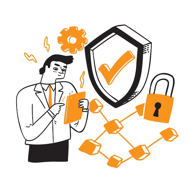 Infographic, banner with hero protect data and confidentiality. Safety and confidential data protection, concept with character saving code and check access. Hand draw vector illustration.