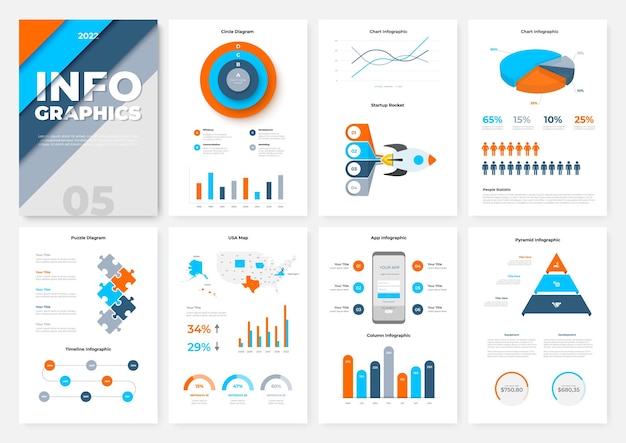 Infographic brochure template A4 pages with charts puzzle map and workflow elements Business data visualization concept Vector illustration for presentation