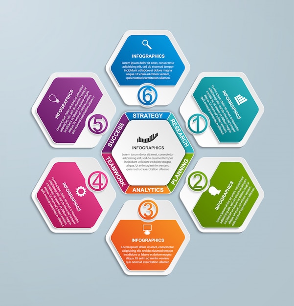 Infographic consisting of six hexagons 