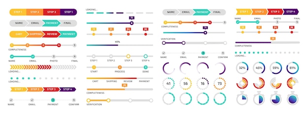infographic design circle and line charts sequence steps loading diagram with percent numbers business presentation statistic scheme vector progressive indicator elements set
