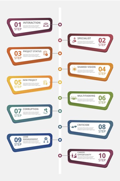 infographic management template icons in different colors include lead management criticism specialist interaction and others