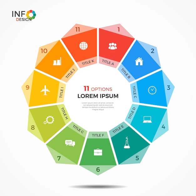 Infographic template with 11 options circle chart. The elements of this template can be easily adjusted, transformed, added, deleted and the colour can be changed.