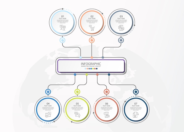 Infographic template with 7 steps, process or options, process chart, Used for process diagram, presentations, workflow layout, flow chart, infograph. Vector eps10 illustration.