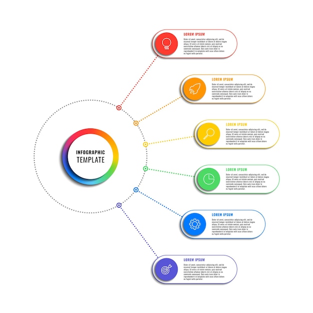 infographic template with six thin line multicolor round elements on a white background