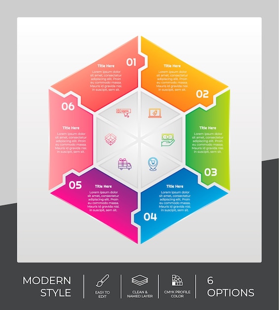Infographic vector design with 6 options can be used for workflow presentation and business purpose