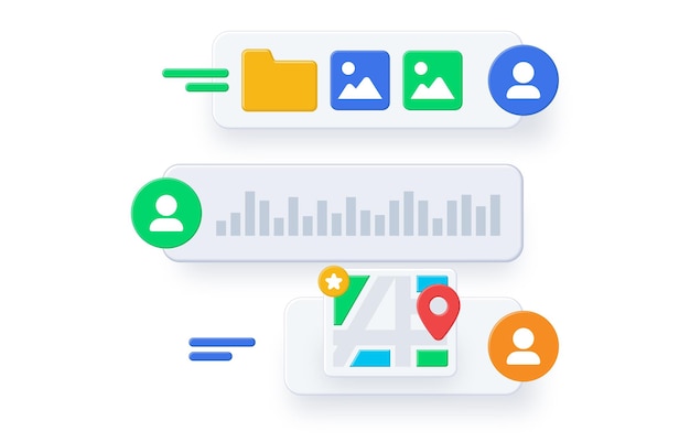 Informative UI elements illustrating data and user interactions with distinct visual styles