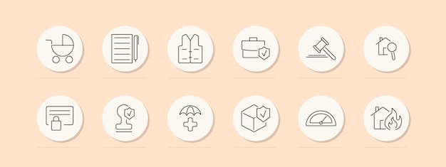 Insurance set icon Stroller document vest briefcase gavel house certificate shield umbrella box meter fire Insurance protection concept Vector line icon on peach background