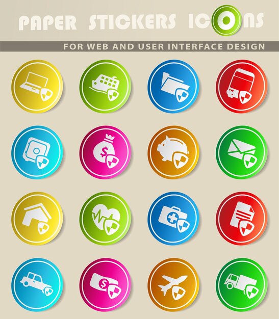 Insurance vector icons on colored paper stickers