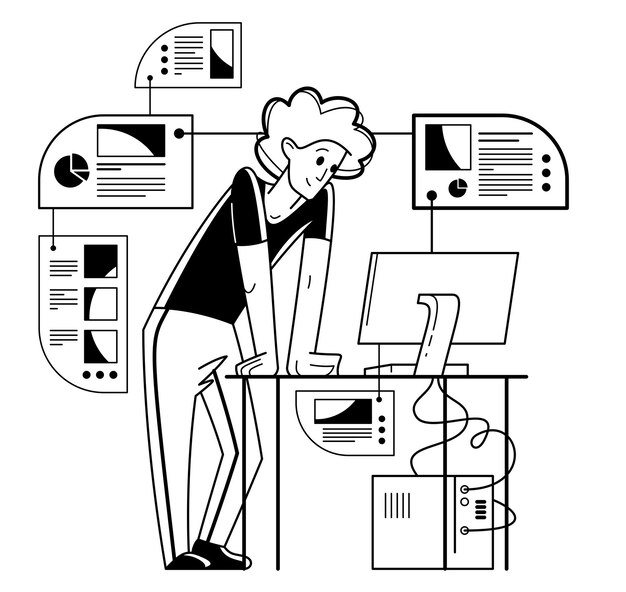 Intellectual worker making analysis of some data on pc or web data systematization collecting and analyzing information vector outline illustration