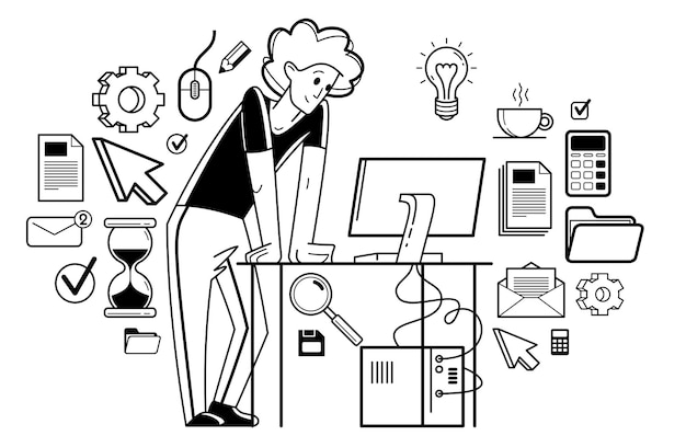 Intellectual worker making analysis of some data on pc or web data systematization collecting and analyzing information vector outline illustration