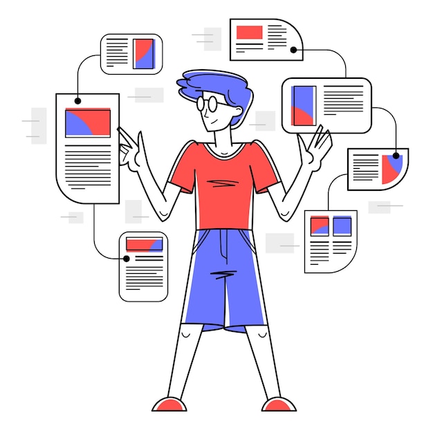 Intellectual worker making analysis of some data on pc or web data systematization collecting and analyzing information vector outline illustration