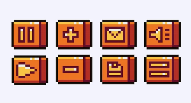 Interface buttons pixel art set Menu panel collection 8 bit sprite