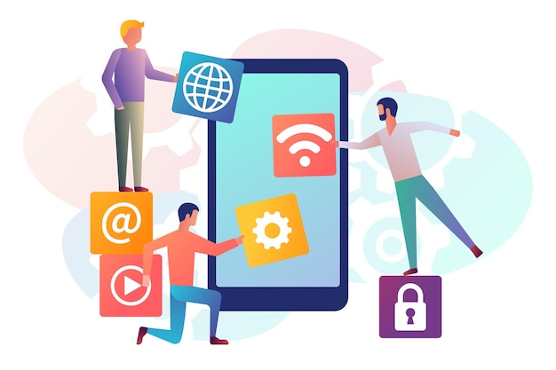 Interface development, design mobile app. Mobile technology. Team small people, programmer building application blocks on screen of smartphone. Vector flat design. Software development process.