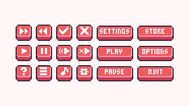 interface menu buttons pixel art set. menu panel collection. play, pause, store, settings, options
