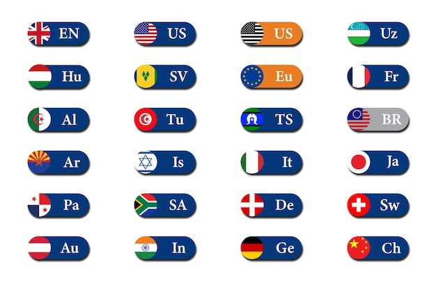 International Flags and Language Codes in Buttons Language Selection Buttons