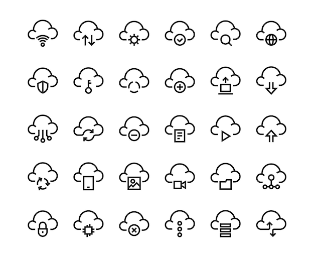 Internet line icons Black contour symbols Isolated outline cloud signs Connection status data exchange and download Database security and server access Vector computer marks set