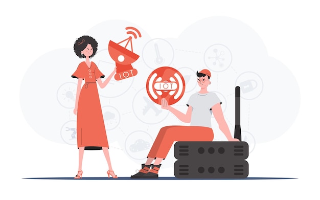 Internet of things and automation concept A man and a woman are a team in the field of the Internet of things Good for presentations and websites Vector illustration