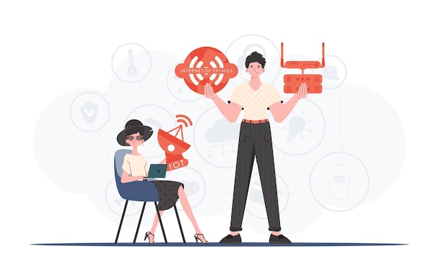 Internet of things and automation concept The girl and the guy are a team in the field of Internet of things Good for presentations and websites Vector illustration