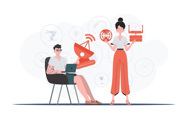 Internet of things and automation concept The girl and the guy are a team in the field of Internet of things Good for websites and presentations Trendy flat style Vector