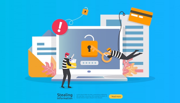 internet security concept with people character. password phishing attack. stealing personal information data web