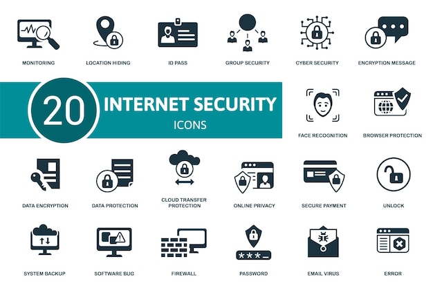Internet security icon set contains editable icons internet