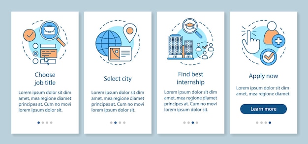 internship program onboarding mobile app page screen vector template. work searching software. student practice. walkthrough website steps, linear illustrations. ux, ui smartphone interface concept