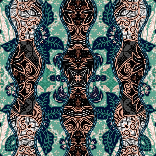 Intricate batik fabric design with symmetrical floral and wave patterns