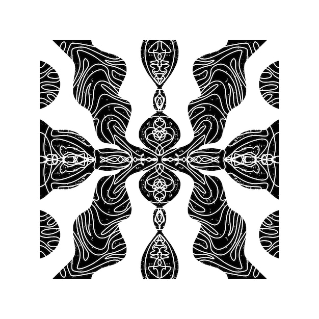 Intricate black pattern with symmetrical ornamental pattern in linocut style Grunge texture tile shape vector element