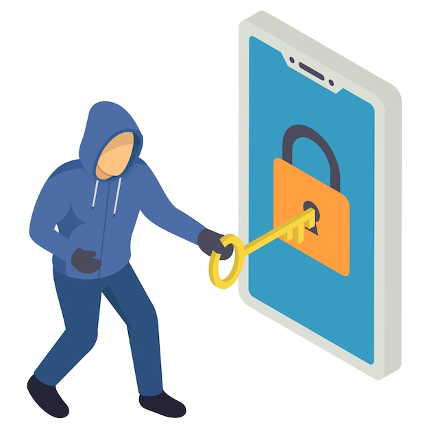 intruder trying to open the door isometric Concept hacker using anonymous hash keys vector icon des