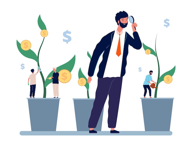 investment management. businessman investor explores income growth. manager and employees, business owner observes profit concept.