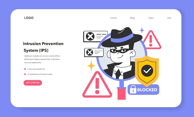 IPS Intrusion prevention system web banner or landing page Network security tool monitoring network for malicious activity Web system reporting and blocking malware threat Flat vector illustration