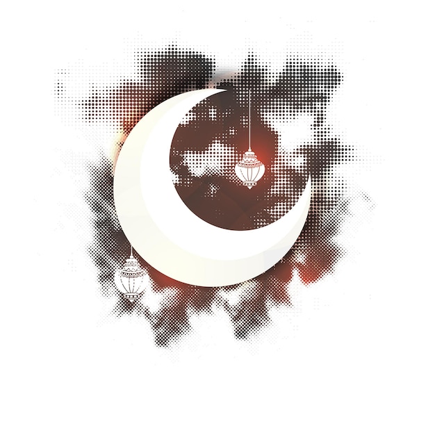 islamic festival concept with crescent moon hanging lanterns and black halftone effect on white background