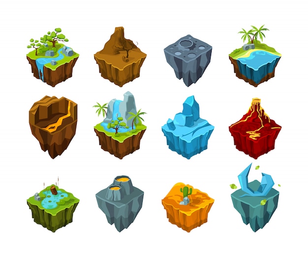 island isometric. flying lands with different types of textures crystal moon volcano crater water  preset for games