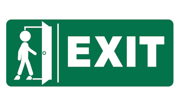 Vector isolated exit green square sign label sticker design illustration of stick figure enter and exit
