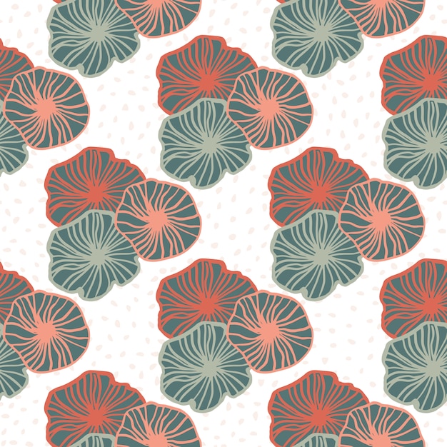 Isolated geometric outline flowers seamless pattern. Pink and blue pastel contoured elements on white background.