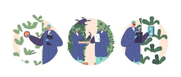 Isolated Vector Round Icons or Avatars with Workers Use Smart Automation Of Crop Production Technology Like Robots Drones To Planting Harvesting And Monitoring Increasing Efficiency And Yield