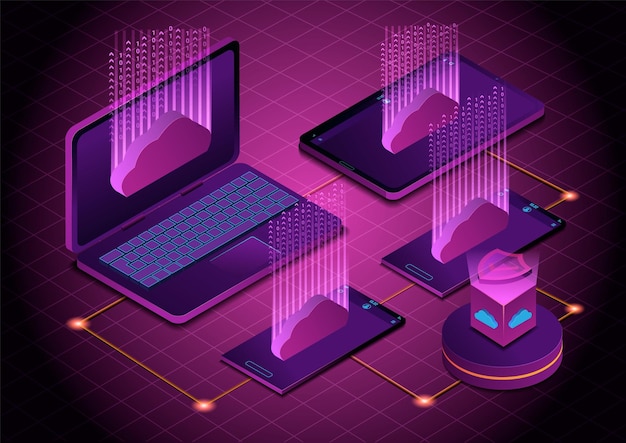 Isometric 3D illustration Cloud Technology WorkIt's upload data to cloud computing