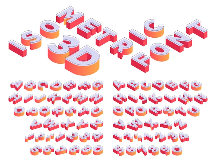 Vector isometric 3d letterring. perspective letters font, cube number and alphabet letter isometry template