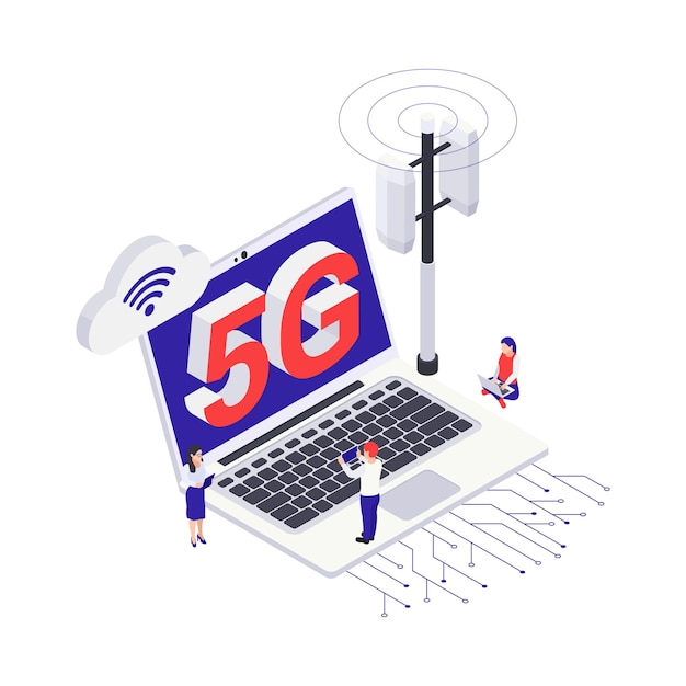 Isometric 5g internet icon with laptop transmitter tower and human characters 3d vector illustration