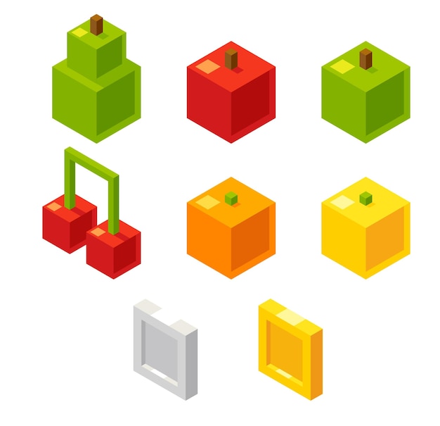 Isometric 8 bit pixel fruits and coins for video game