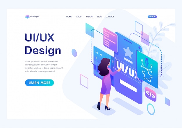 isometric  a young woman creates a custom design for a mobile application, ui ux design. 