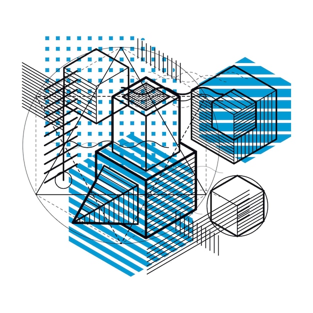 isometric abstract background with linear dimensional shapes, vector 3d mesh elements. composition of cubes, hexagons, squares, rectangles and different abstract elements.