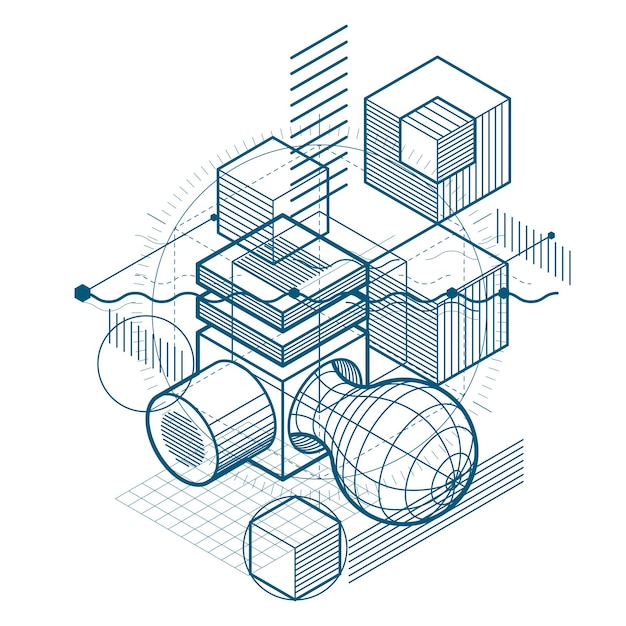 isometric abstract background with linear dimensional shapes, vector 3d mesh elements. composition of cubes, hexagons, squares, rectangles and different abstract elements.