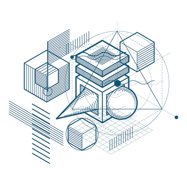 isometric abstract background with linear dimensional shapes, vector 3d mesh elements. composition of cubes, hexagons, squares, rectangles and different abstract elements.