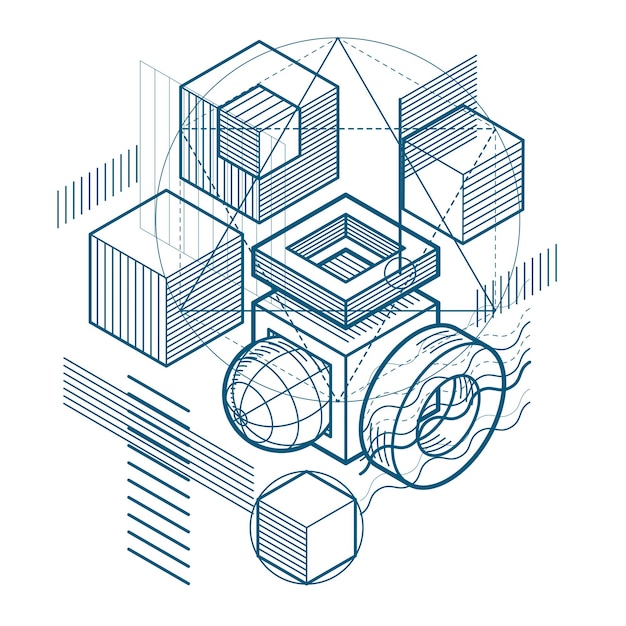 isometric abstract background with linear dimensional shapes, vector 3d mesh elements. composition of cubes, hexagons, squares, rectangles and different abstract elements.