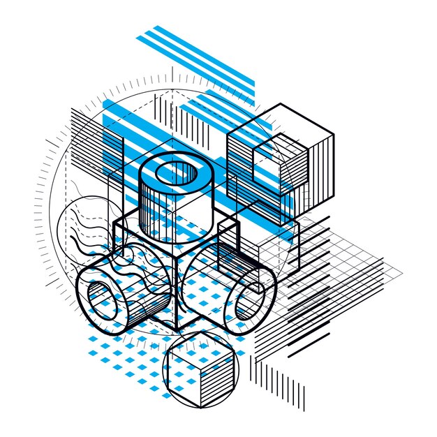 isometric abstract background with linear dimensional shapes, vector 3d mesh elements. composition of cubes, hexagons, squares, rectangles and different abstract elements.