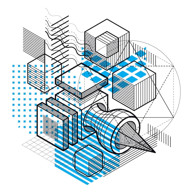 isometric abstract background with linear dimensional shapes, vector 3d mesh elements. composition of cubes, hexagons, squares, rectangles and different abstract elements.