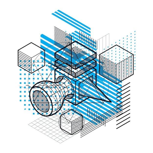 isometric abstract background with linear dimensional shapes, vector 3d mesh elements. composition of cubes, hexagons, squares, rectangles and different abstract elements.