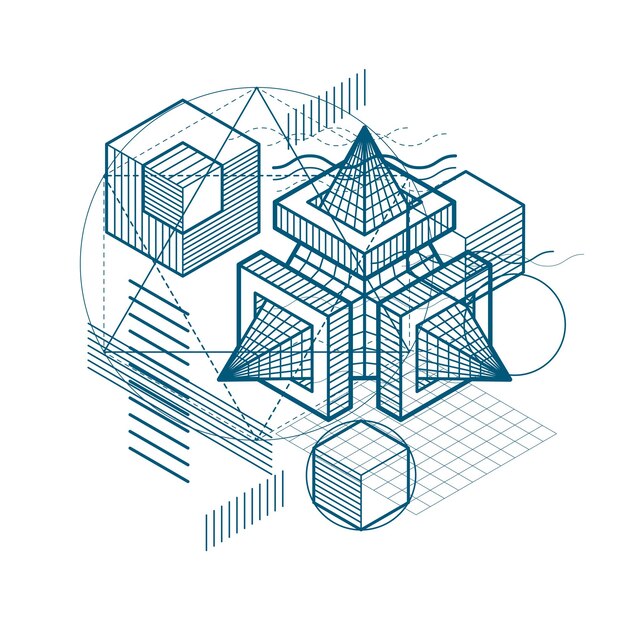 isometric abstract background with lines and other different elements, vector abstract template. composition of cubes, hexagons, squares, rectangles and different abstract elements.
