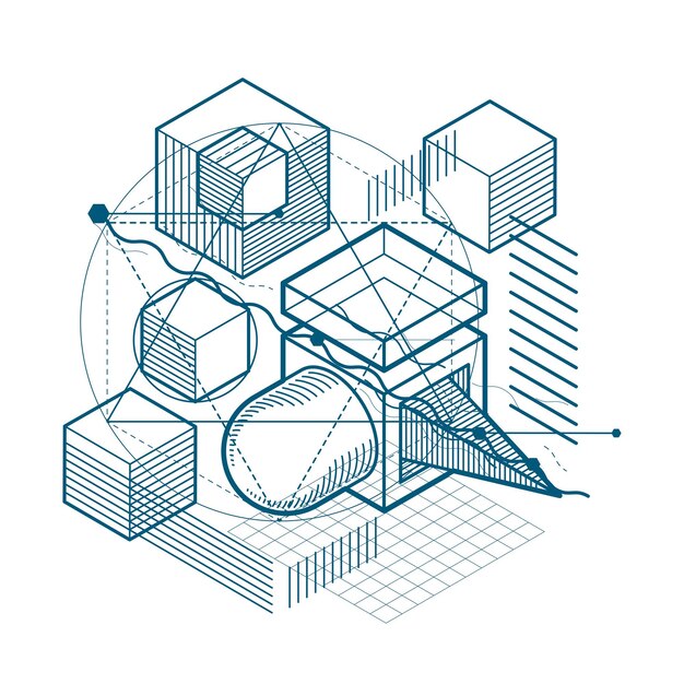 isometric abstract background with lines and other different elements, vector abstract template. composition of cubes, hexagons, squares, rectangles and different abstract elements.